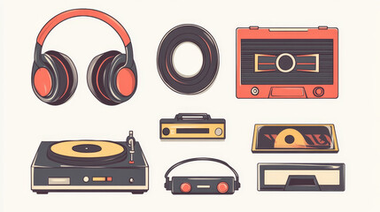 Fototapeta premium Radio player and music vinyl record illustration. Turntable gadget, cassette and retro wire headphones to listen sound cartoon icon set. Audio tape and phonograph equipment for club party concept