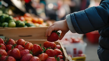 A young child reaches for strawberries in a vibrant, busy market full of fruits