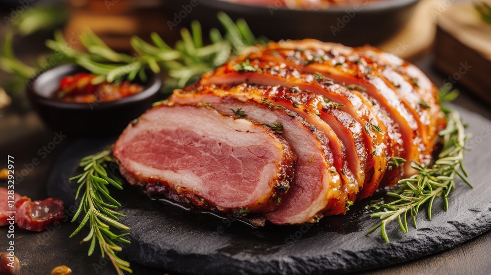 Poster Sliced roasted meat displaying herbs and spices on a dark serving platter during a cozy dining setup. Generative AI