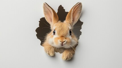Easter Bunny Peeking Through a Hole on White Background, Cute Rabbit for Spring and Holiday Theme