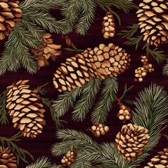 Obraz premium Seamless pattern featuring pine cones and evergreen branches for festive decoration