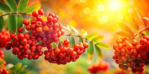 High-detail autumn photograph: Rowan tree branches laden with ripe red berries, sharply focused.