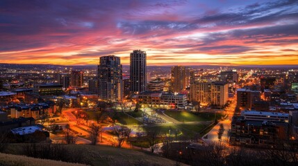 Stunning Sunset Panorama of Downtown Cityscape at Dusk