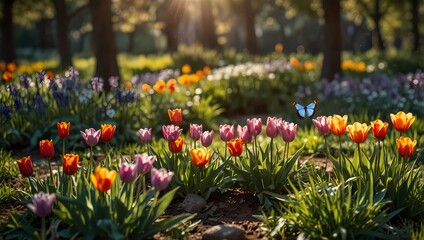 A butterfly is flying over a field of flowers
