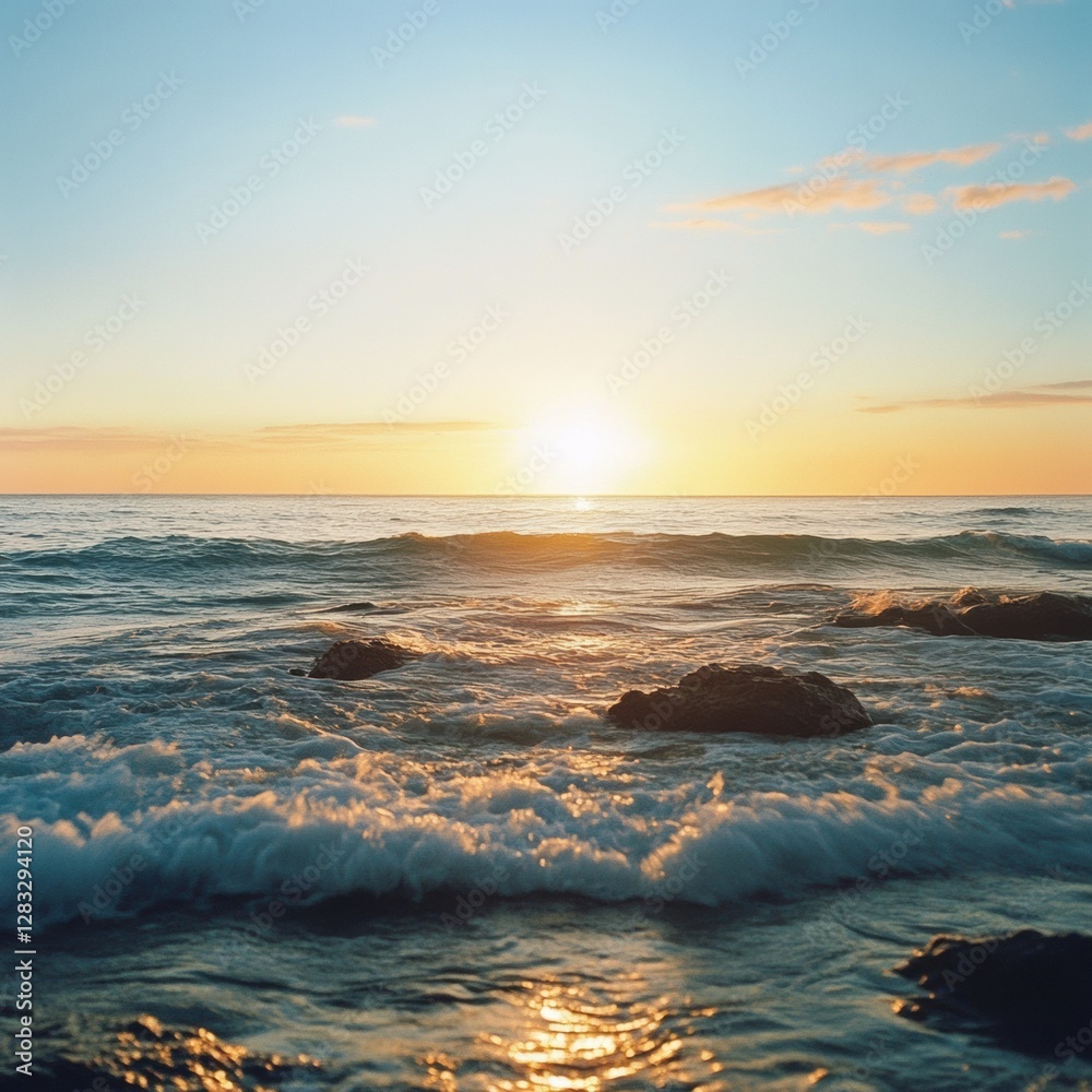 Poster Sunset over the ocean with gentle waves and rocky shoreline creating a serene coastal view at dusk. Generative AI