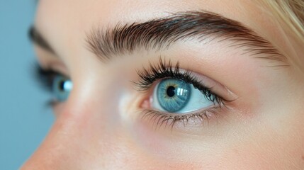 Obraz premium Intriguing details emerge as the young woman's captivating blue eyes take center stage, framed by delicate lashes and perfectly groomed brows. The soft background enhances her natural allure