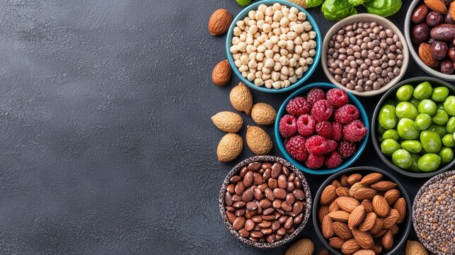 Assorted nuts and seeds in small bowls on dark background. Healthy food display. Possible use for nutrition articles or healthy eating guides