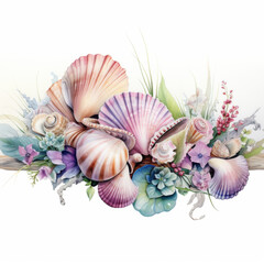 Obraz premium beautiful arrangement of seashells and flowers, showcasing nature elegance and color. Perfect for coastal decor