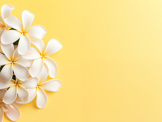 Fototapeta premium A branch of white Frangipani flowers with green leaves on a light yellow background, ample copy space for text