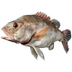 A detailed fish with prominent fins, a rounded body, and striking red eyes, showcasing its natural features.