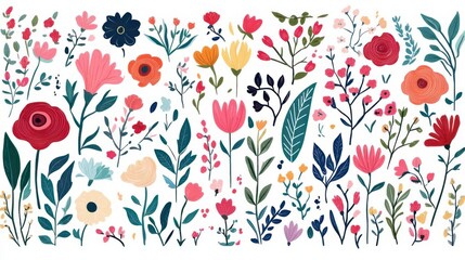 Plant drawing illustration - a vibrant vector illustration of various hand-drawn spring flowers and leaves