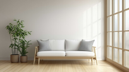 3D rendering of a modern living room interior design featuring a white sofa, wooden elements, and a light wall background. The minimalist home decor concept incorporates Japanese-style design elements