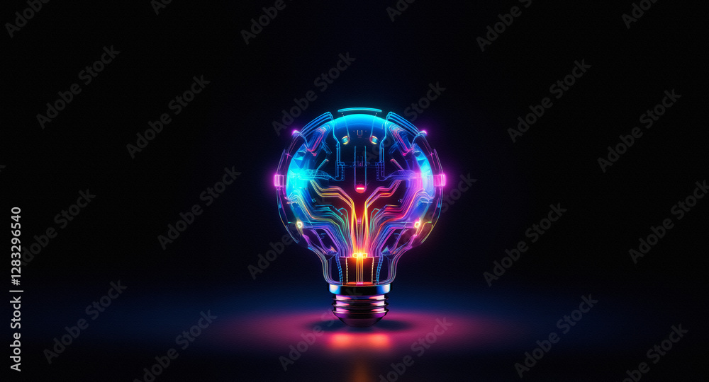 Poster a vibrant neon light bulb illuminates against a dark backdrop, showcasing a digital circuit pattern 