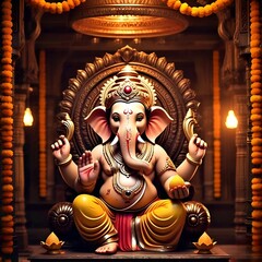 Ganpati Bappa Photo HD 4K | Lord Ganesha Seated in a Divine Temple with Traditional Decor | Spiritual Hindu God Wallpaper