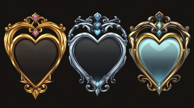 Decorative metallic frame for game ui avatar or menu banner design. Golden silver round and heart shape border with curling edges and gemstones. Cartoon vector illustration set of medieval framework.