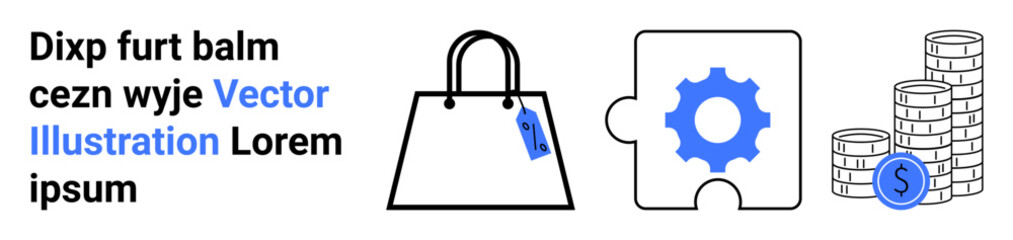 Shopping bag with price tag, gear puzzle piece symbolizing problem-solving, and stacked coins with dollar sign. Ideal for e-commerce, business solutions, finance, retail, marketing, optimization