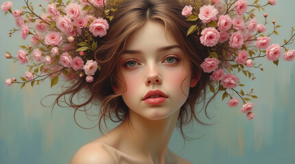 Naklejka premium Beautiful young woman with gentle sensual look, woman's hair decorated with pink roses, spring tender portrait