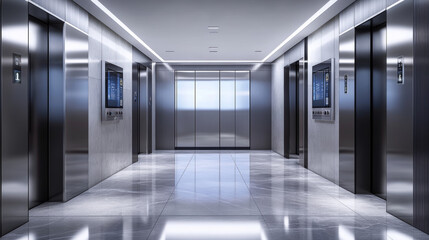 Open and closed elevator doors in office hallway. Vector realistic empty modern interior with lift, metal panel with buttons and floor display on wall in hall of hotel or house