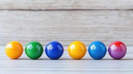 Naklejka premium Six colorful glossy beads connected in a horizontal line on a rustic wooden background.