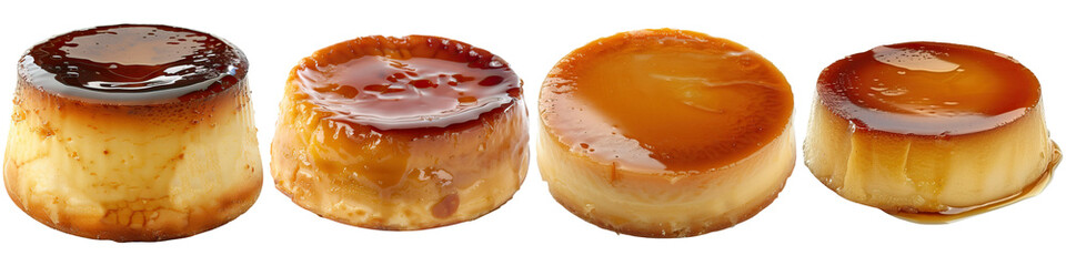 Four smooth, creamy caramel desserts displayed in a row, showcasing varying shades of golden brown on their glossy surfaces.