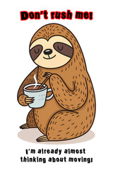 Sloth with a cup of coffee. Don't Rush Me! Sloth Moving Humor