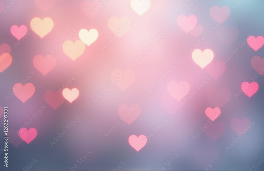 Fototapete Soft Pastel Tones On A Blurred Background Are Paired With Heart Shapes And Bokeh Lighting Effects To Create A Whimsical Atmosphere. 00002