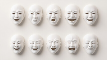 set of mask icons, on a white background. white Japanese masks. 3d illustration.