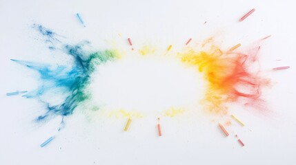 Obraz premium Vibrant Color Explosion with Chalk Dust and Chalk Sticks on a White Background
