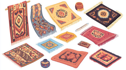 Colorful carpets, blankets and rugs set isolated on white background. Cartoon illustration of striped, checkered floor covering of different size and shape. Home interior accessories. Vector design