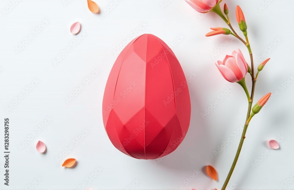 Aufkleber Simple Yet Colorful Flat Lay Composition Featuring A Red Paper Easter Egg On A White Background With Minimal Design Elements. 00002