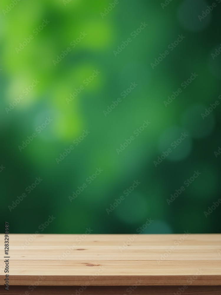 Aufkleber Simple Scene Featuring A Green Background With Blurred Bokeh And A Minimalist Setup Of An Empty Wooden Table. 00002
