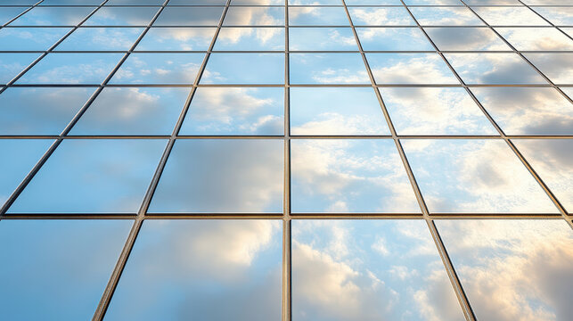 Reflective glass building facade showcasing clouds and blue sky