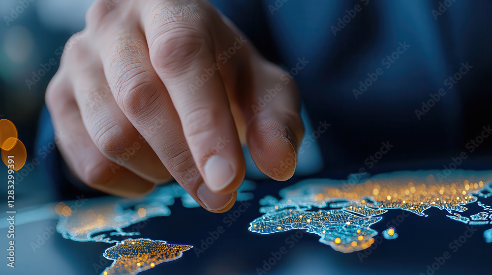Aufkleber hand interacts with digital global map projection, featuring cyberpunk style digital grid with glowing elements, symbolizing AI powered technology and innovation