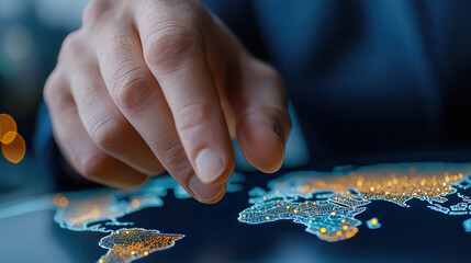 hand interacts with digital global map projection, featuring cyberpunk style digital grid with glowing elements, symbolizing AI powered technology and innovation