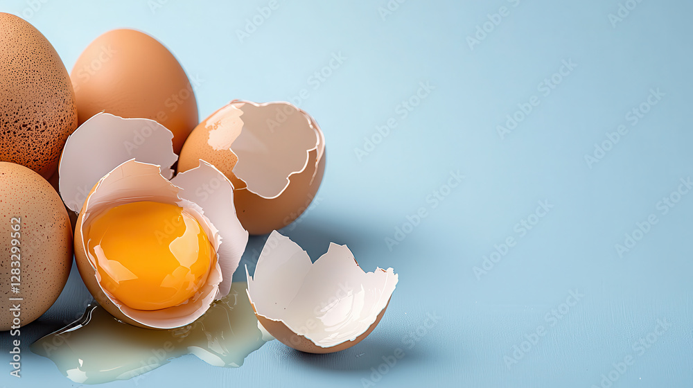 Poster broken eggshells with yolk on blue surface in minimalist composition