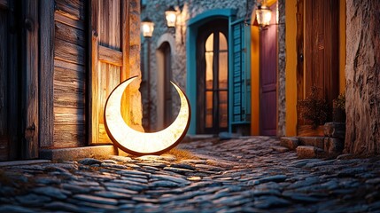 Lanterns shaped like crescents illuminating a cobblestone alleyway