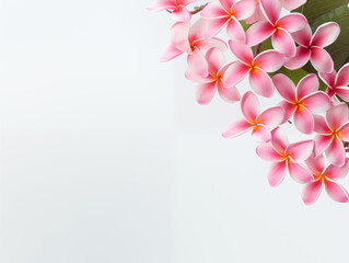 A branch of pink Frangipani flowers with green leaves on a transparent background, ample copy space for text