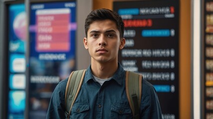 Fototapeta premium Young man stands at a busy transportation hub, looking contemplative as he awaits his departure in the late afternoon