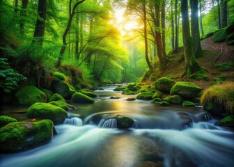 Peaceful nature captured: calm river, misty woodland creek, slow shutter photography showcasing epic long exposure images.
