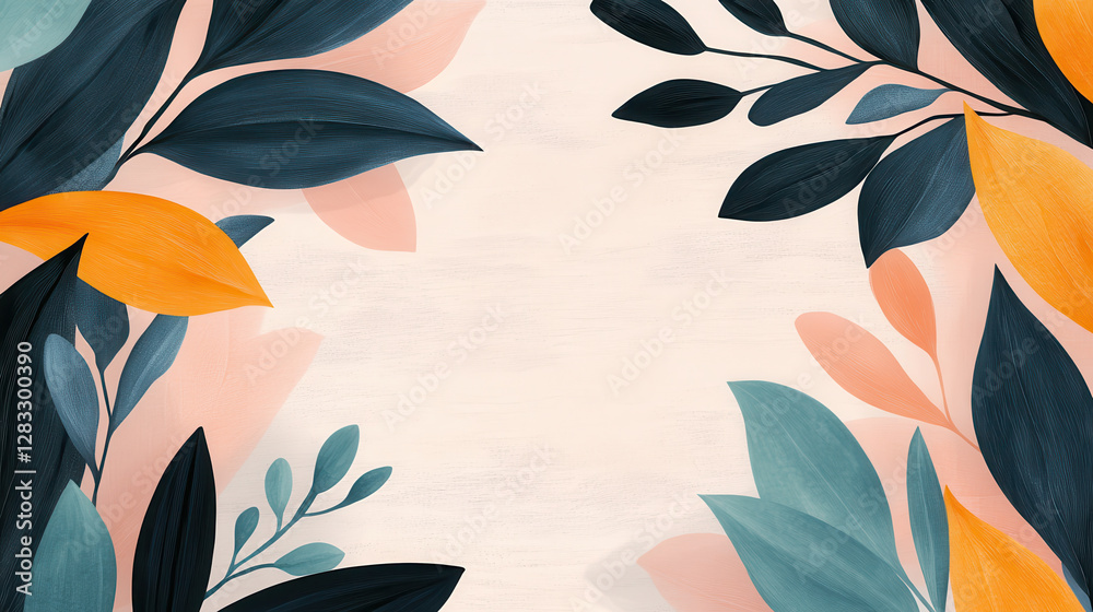 Poster contemporary artistic background features overlapping organic shapes and vibrant leaves in shades of