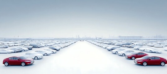 Rows of white cars with red cars standing out