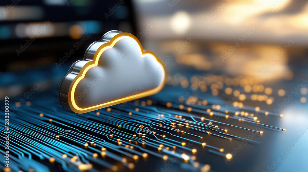Poster digital cloud storage visualization with floating cloud emitting light, symbolizing data transfer and connectivity
