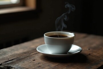 Fototapeta premium Aromatic Steam Rising from a Cup of Dark Coffee on Rustic Wood