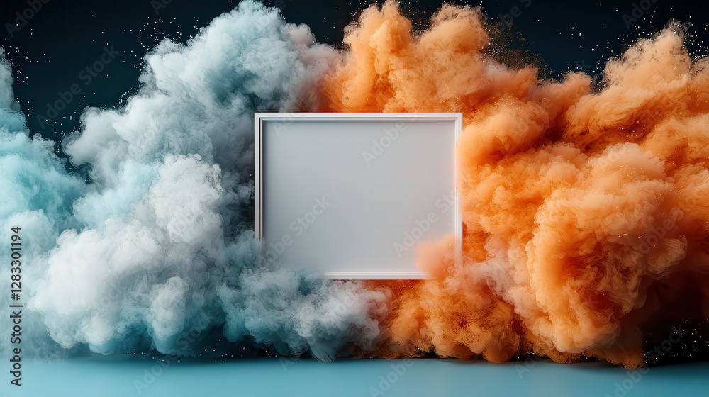 Fototapete dynamic abstract art piece features empty floating frame in center, surrounded by swirling clouds of blue and orange smoke, creating striking contrast