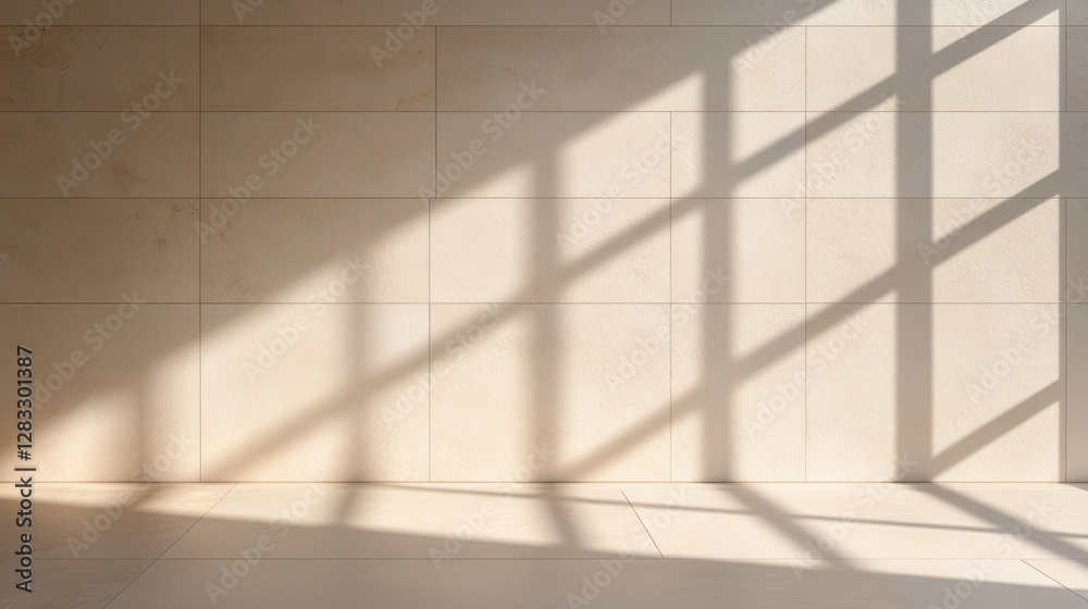 Poster Sunlight streams through window, casting geometric shadows on beige tiled wall, creating elegant and modern architectural design