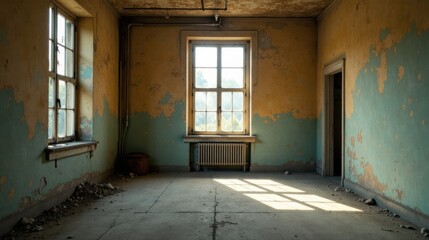 Obraz premium Sunlit Derelict Room Decaying Walls, Peeling Paint, and a Single Window Illuminating Dust and Debris