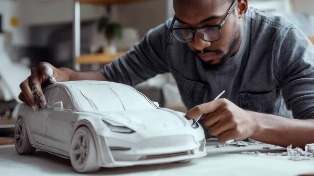 Car designer meticulously crafts clay model of a modern vehicle in a bright studio setting