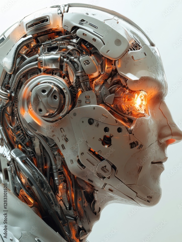 Poster futuristic side profile of a humanoid head with advanced mechanical structures and a glowing robotic