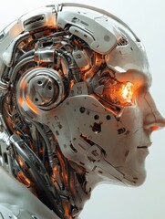 Fototapeta premium Futuristic side profile of a humanoid head with advanced mechanical structures and a glowing robotic eye. Generative AI