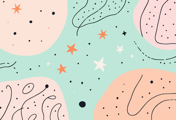 a variety of shapes and colors, including circles, stars, and lines, creating a visually appealing and dynamic composition.